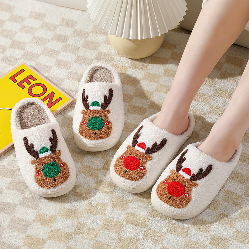Popular Christmas Elk Cotton Slippers Women's Autumn and Winter Home Couples Cross-border Warm Home Home Plush Foreign Trade