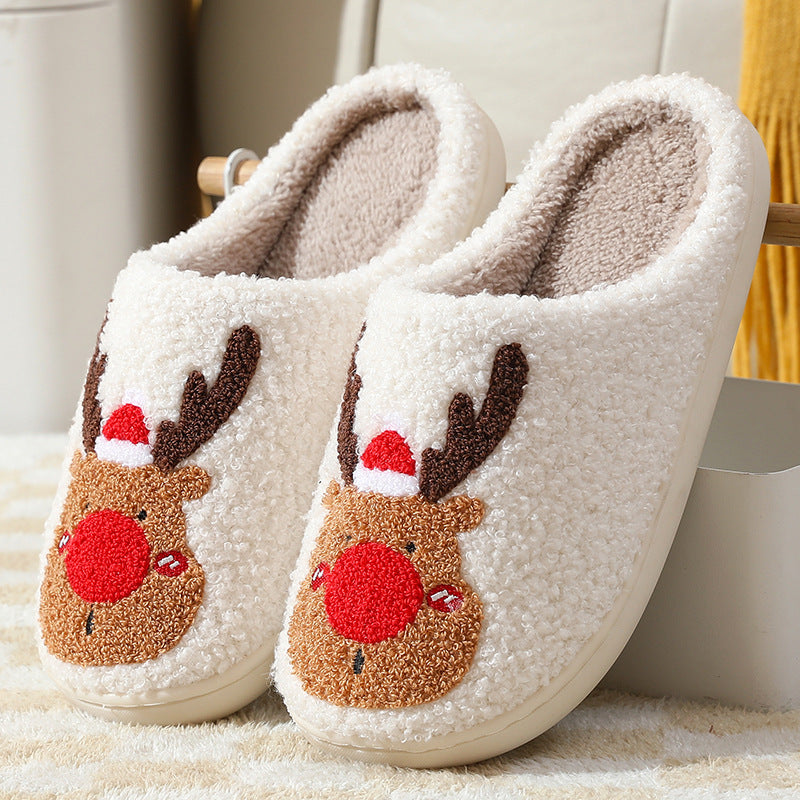 Popular Christmas Elk Cotton Slippers Women's Autumn and Winter Home Couples Cross-border Warm Home Home Plush Foreign Trade