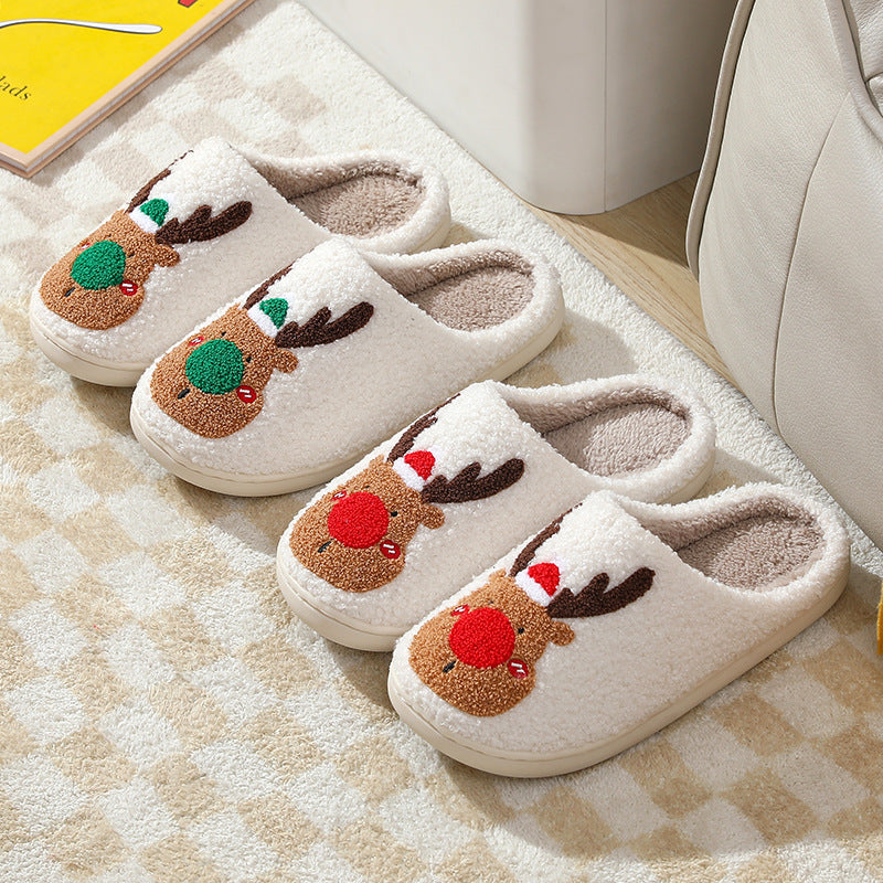 Popular Christmas Elk Cotton Slippers Women's Autumn and Winter Home Couples Cross-border Warm Home Home Plush Foreign Trade