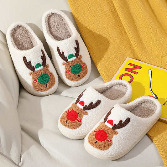 Popular Christmas Elk Cotton Slippers Women's Autumn and Winter Home Couples Cross-border Warm Home Home Plush Foreign Trade