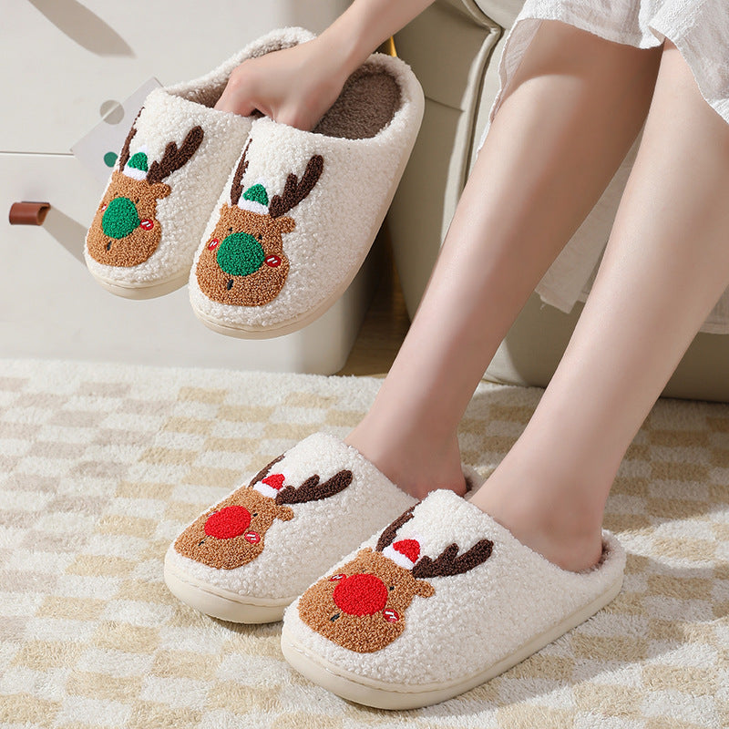 Popular Christmas Elk Cotton Slippers Women's Autumn and Winter Home Couples Cross-border Warm Home Home Plush Foreign Trade